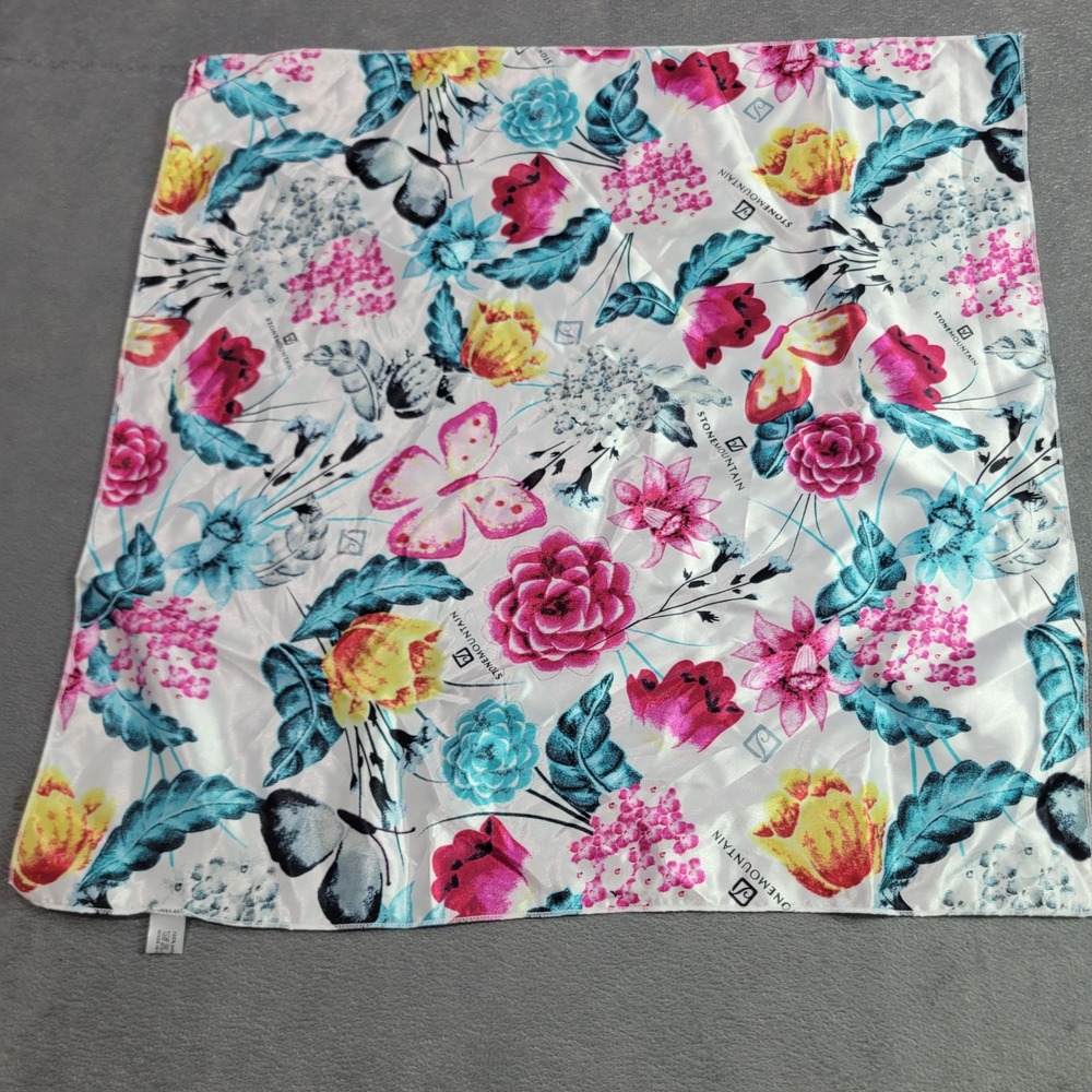 Stone Mountain Scarf Women OS White Pink Floral Butterfly Square Silky Polyester